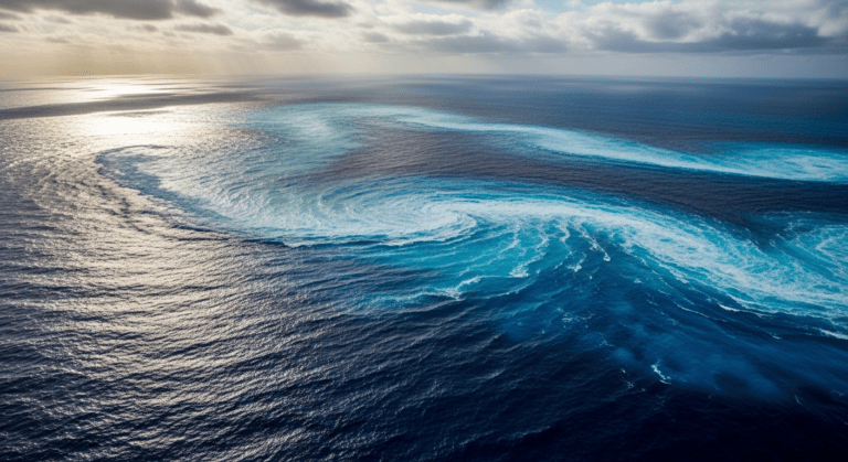 Vue aérienne d'un tourbillon de courants marins à la surface de l'océan