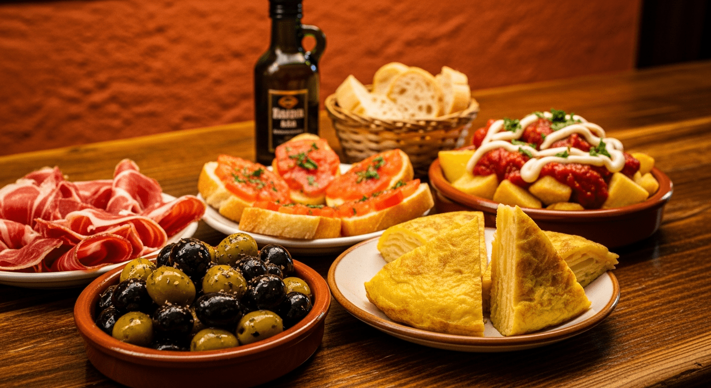 Culture Espagne : assortiment de tapas traditionnelles dans un bar andalou avec jambon ibérique et pain à la tomate