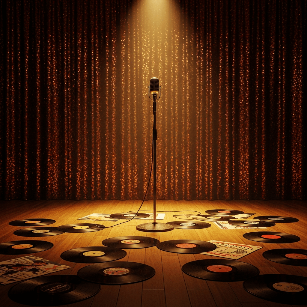 Microphone vintage sur scene avec projecteur, symbole de l'univers musical de Dalida