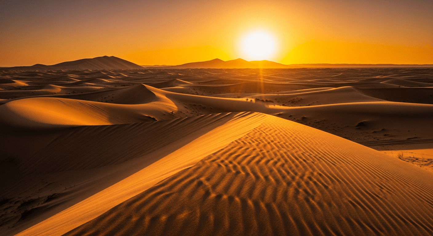 Dune 2 : paysage désertique immense aux dunes dorées évoquant la planète Arrakis au coucher de soleil