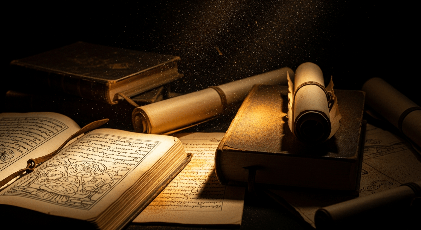 Adaptation cinématographique de Dune : vieux livres et manuscrits évoquant l'œuvre littéraire de Frank Herbert