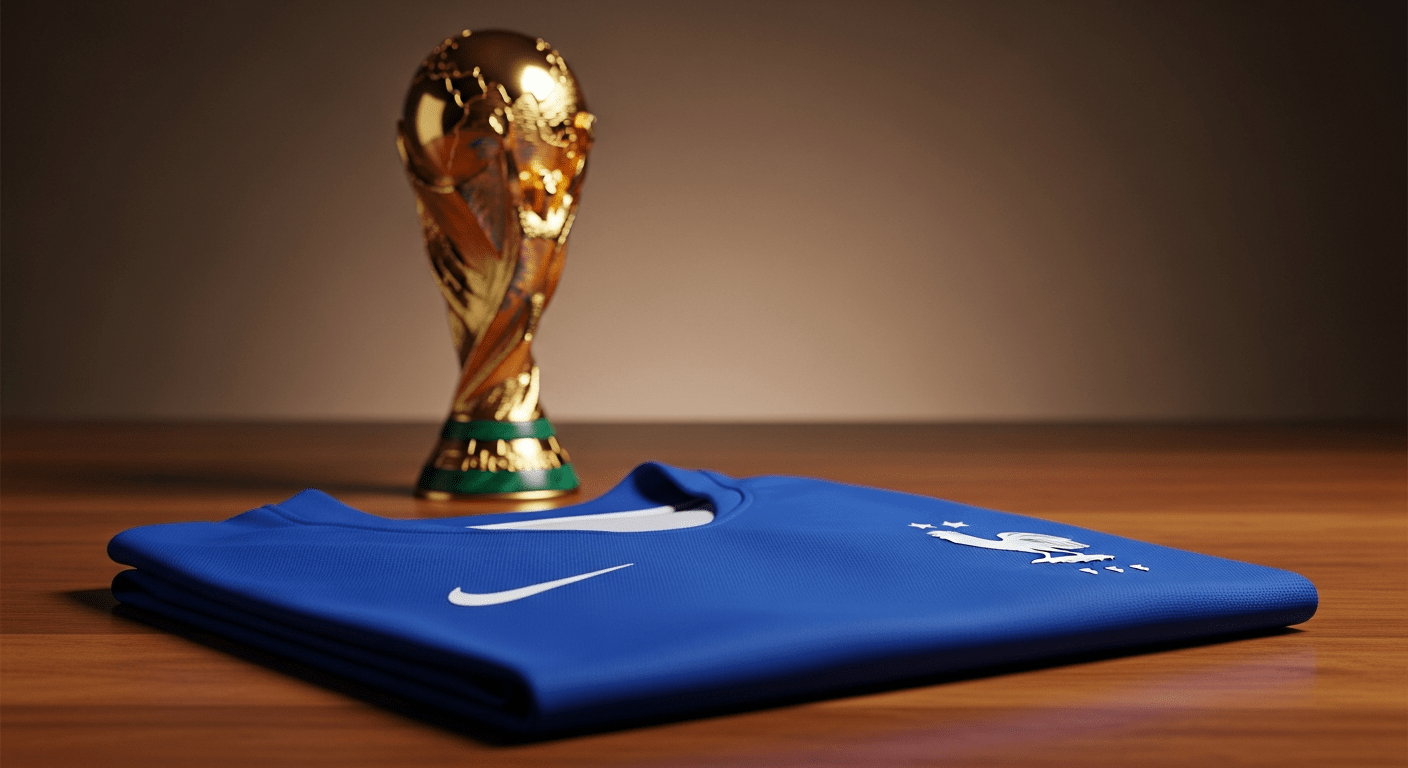 équipe de france de football : maillot bleu historique et trophée de la Coupe du monde sur bois (98 caractères)