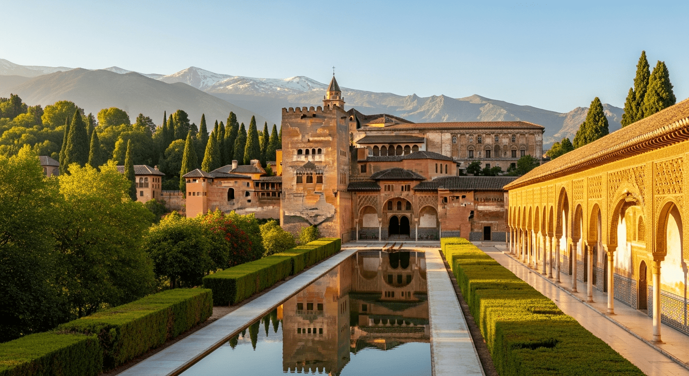 Espagne : palais de l'Alhambra à Grenade avec reflets dans les bassins et montagnes enneigées en arrière-plan