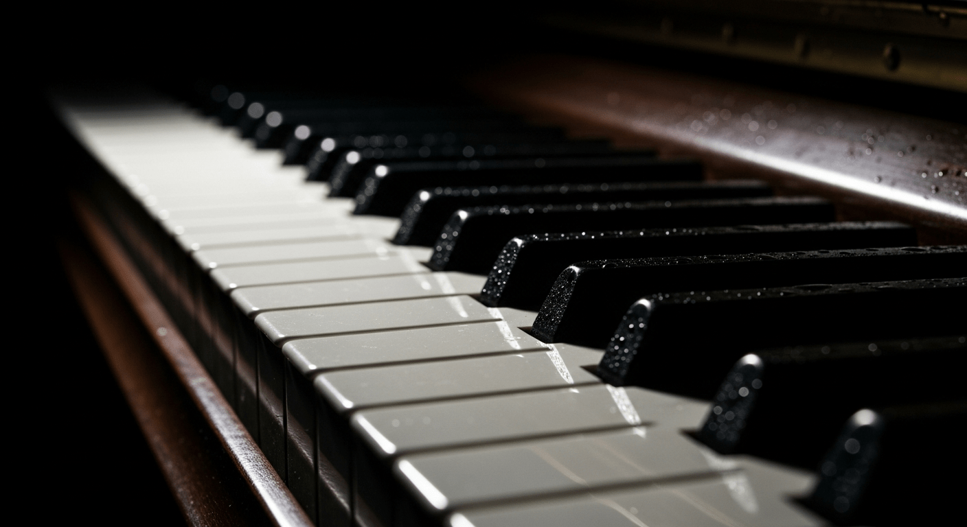 frisson chanson et émotion musicale cerveau : touches de piano en macro sous éclairage dramatique