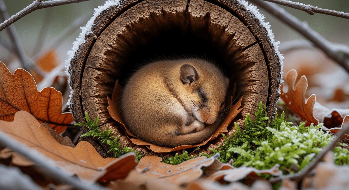 Hibernation : loir endormi en boule dans une cavité naturelle, entouré de feuilles mortes en hiver