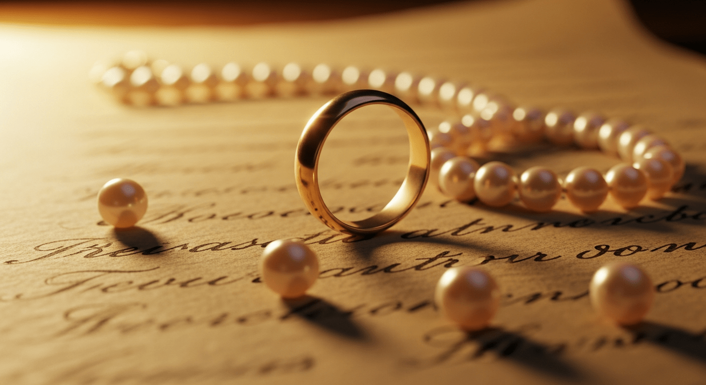 anniversaire de mariage histoire : alliance dorée et collier de perles sur parchemin symbolisant les noces