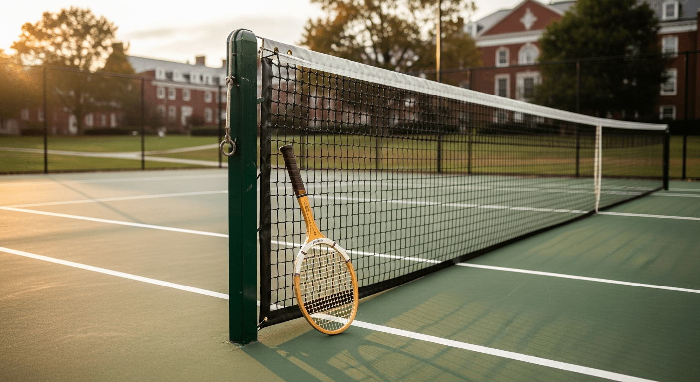 histoire Arthur Rinderknech illustrée par une raquette de tennis devant un campus universitaire américain