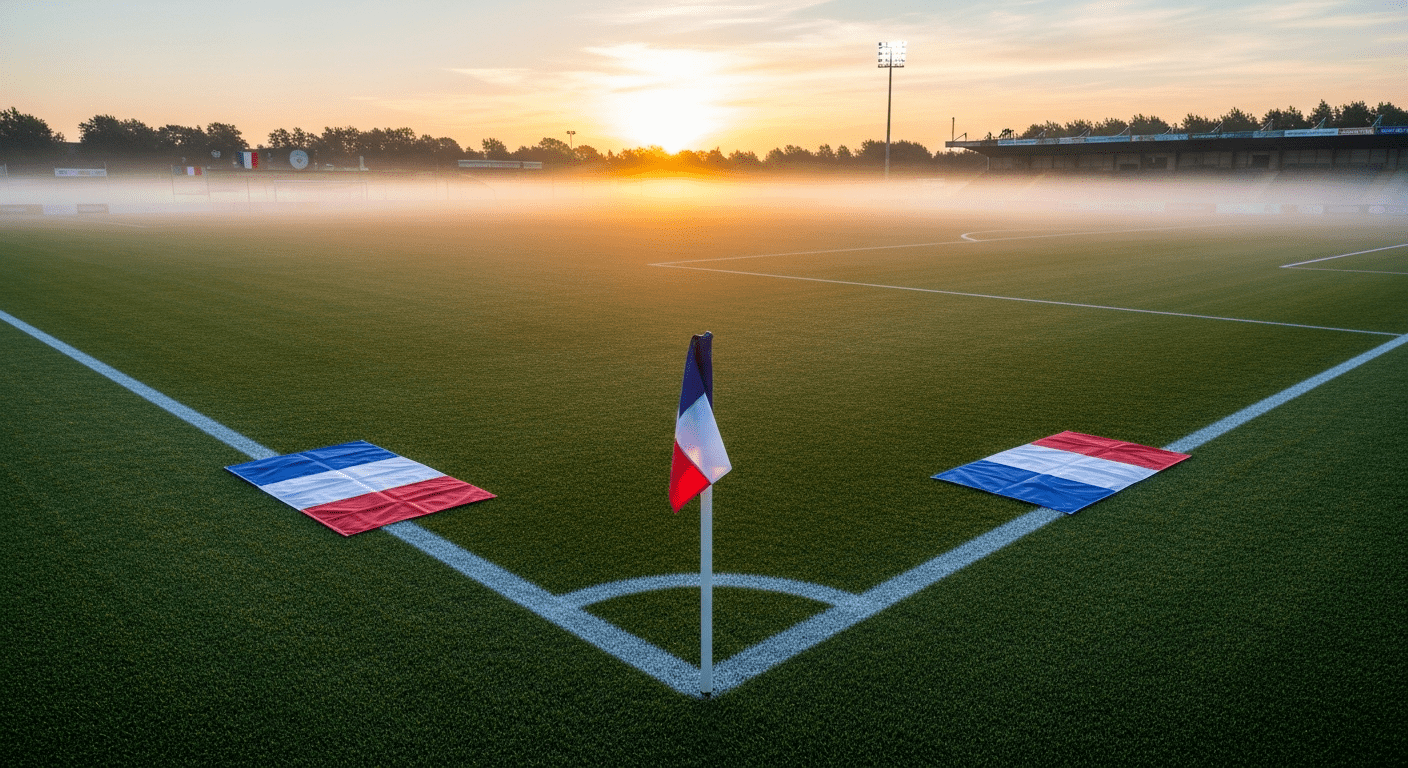 équipe de france de football : terrain de football professionnel à l'aube avec drapeaux tricolores aux coins