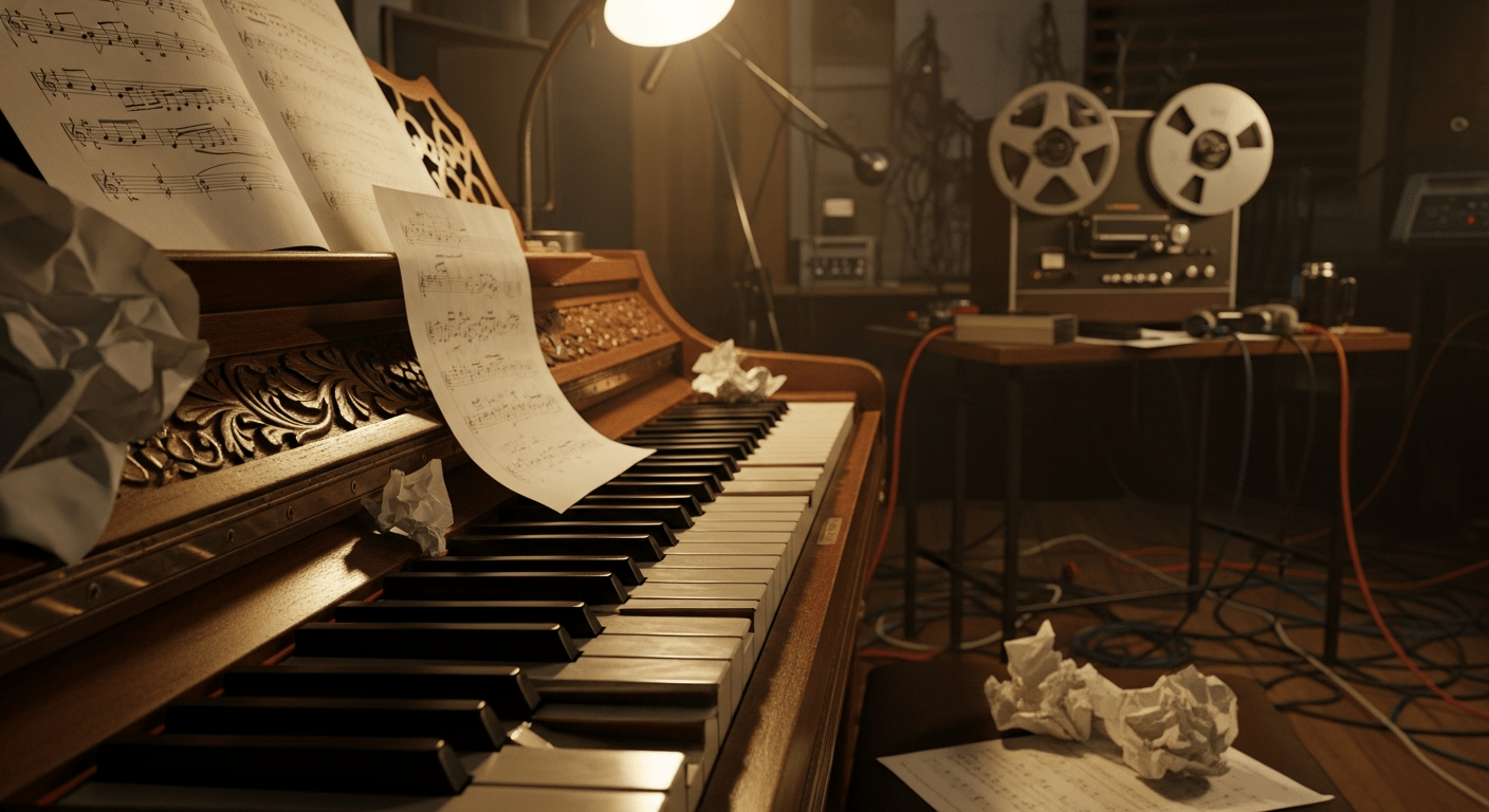 Histoire Freddie Mercury : piano de studio vintage et partitions évoquant les sessions d'enregistrement mythiques de Queen