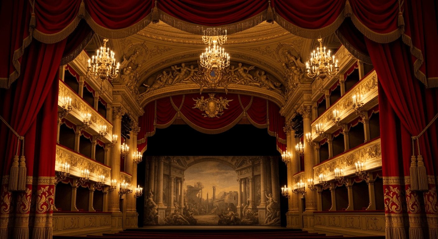 Histoire Molière : scène de théâtre baroque vide éclairée aux chandelles, style Palais-Royal XVIIe siècle