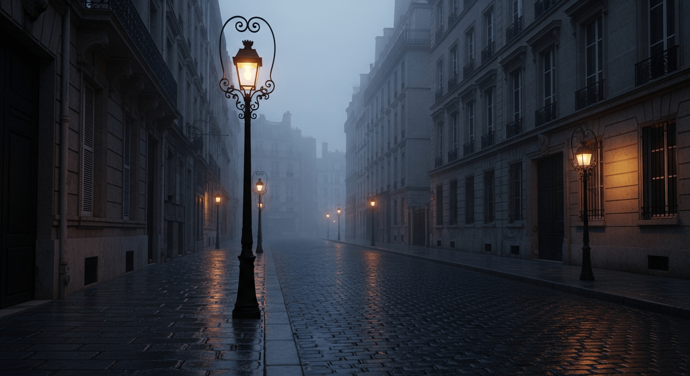 histoire Paris Police 1900 : ruelle parisienne pavée et éclairée au gaz sous la pluie en 1900