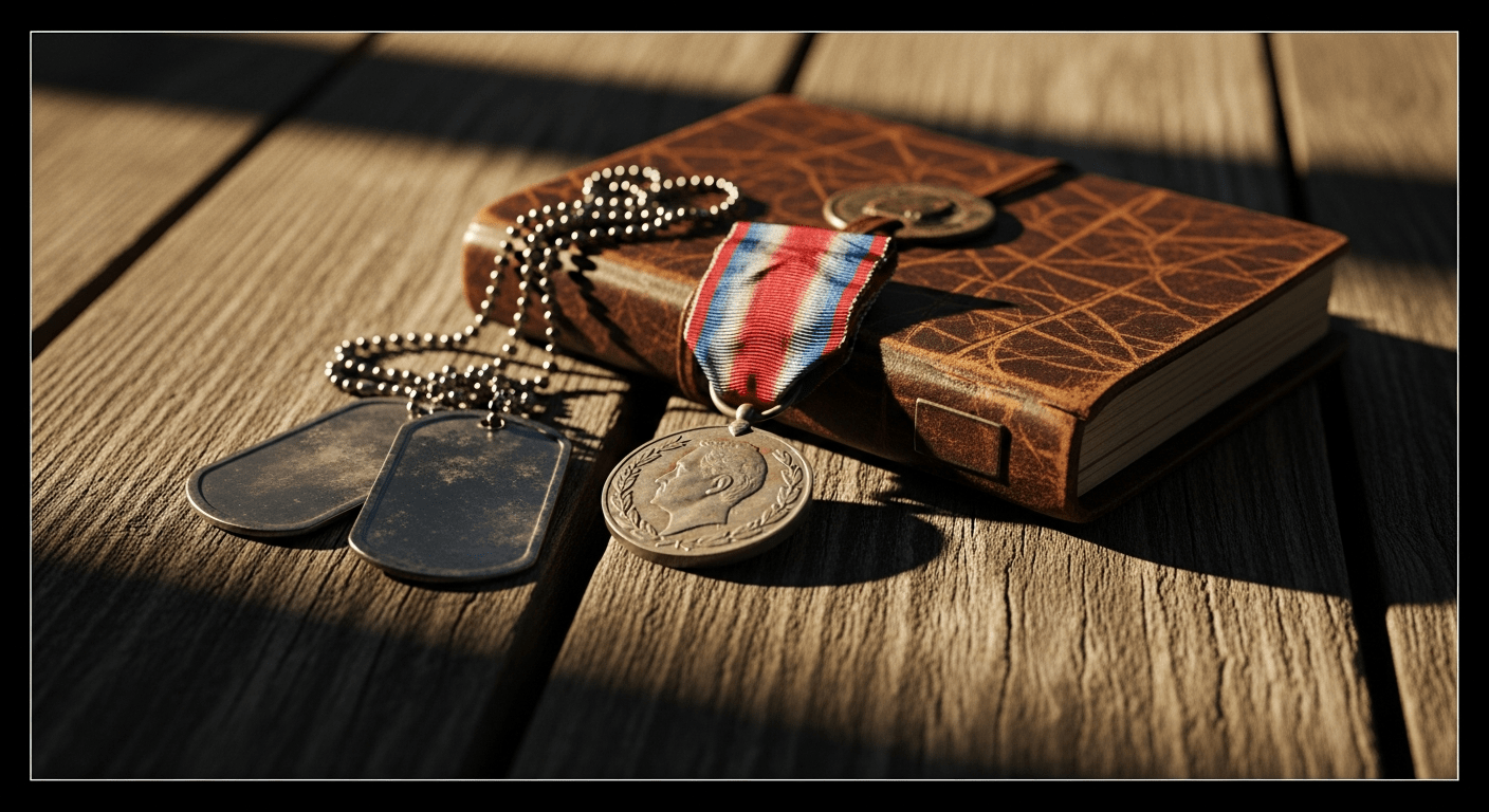 histoire Première Guerre mondiale : médaille militaire, plaque d'identité et carnet de poilu sur bois ancien