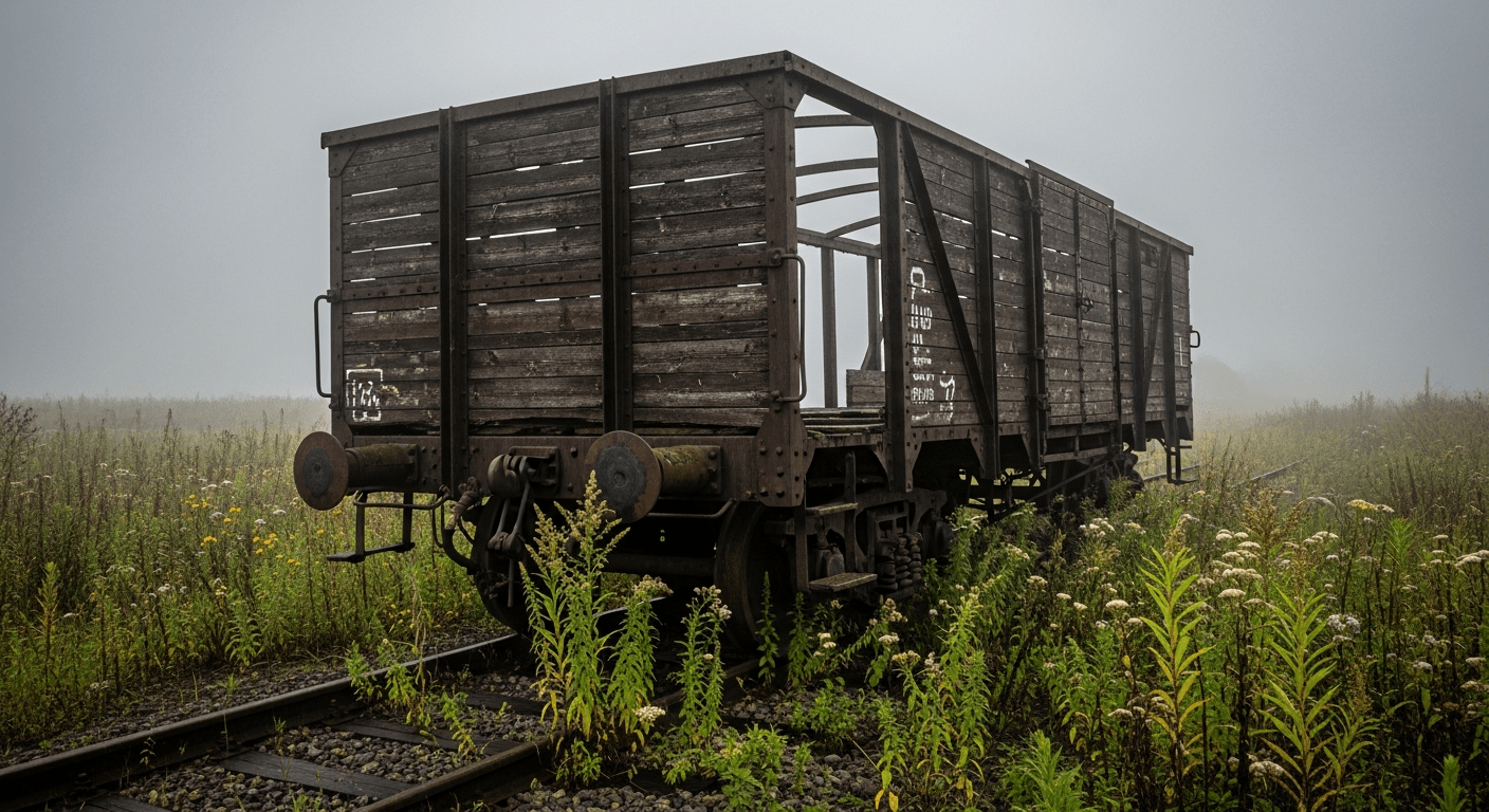 histoire Shoah : wagon de déportation abandonné sur des rails rouillés dans un paysage brumeux d'Europe de l'Est