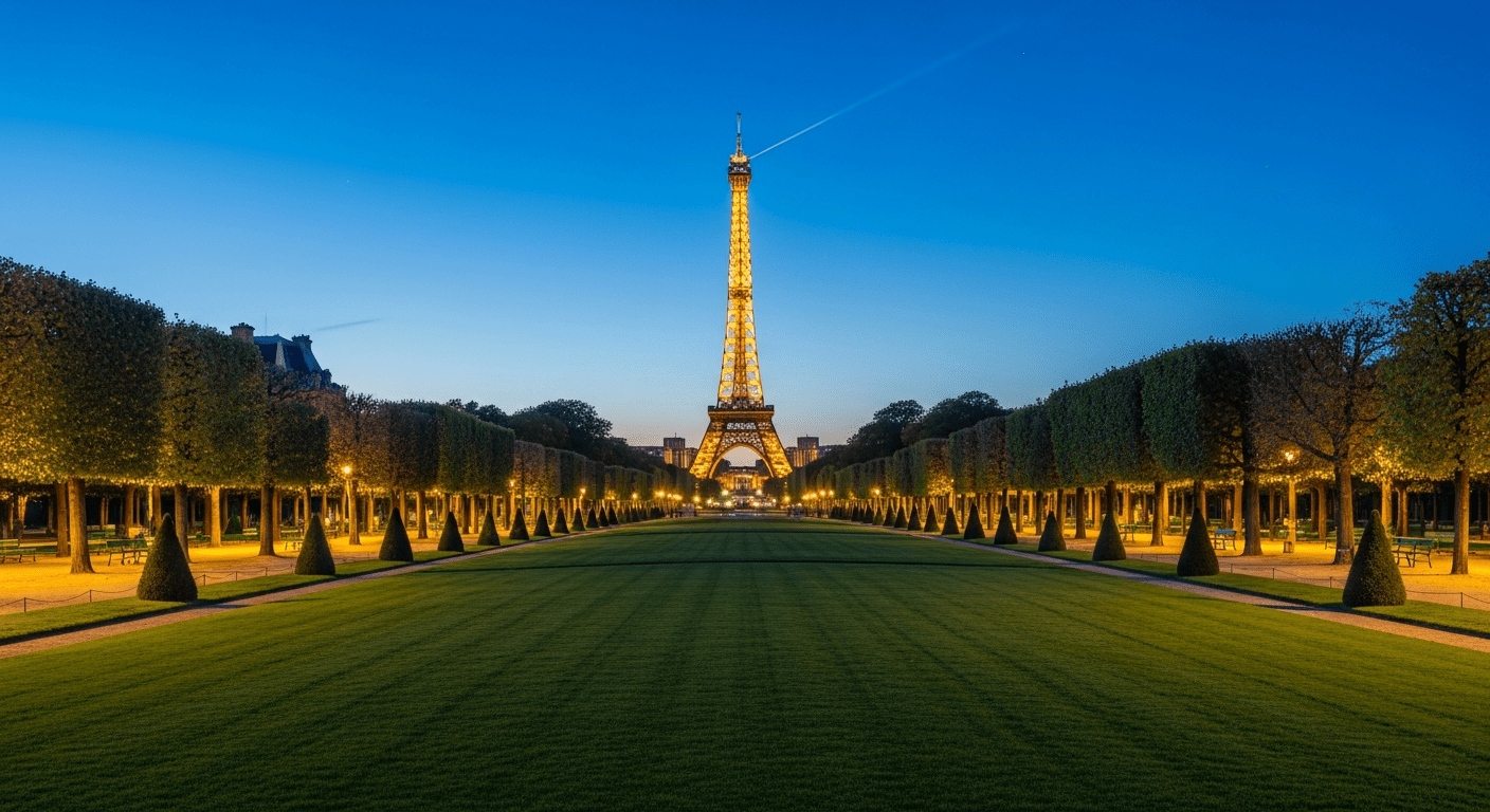 histoire tour Eiffel vue depuis le Champ-de-Mars au crépuscule avec illuminations dorées et ciel bleu profond