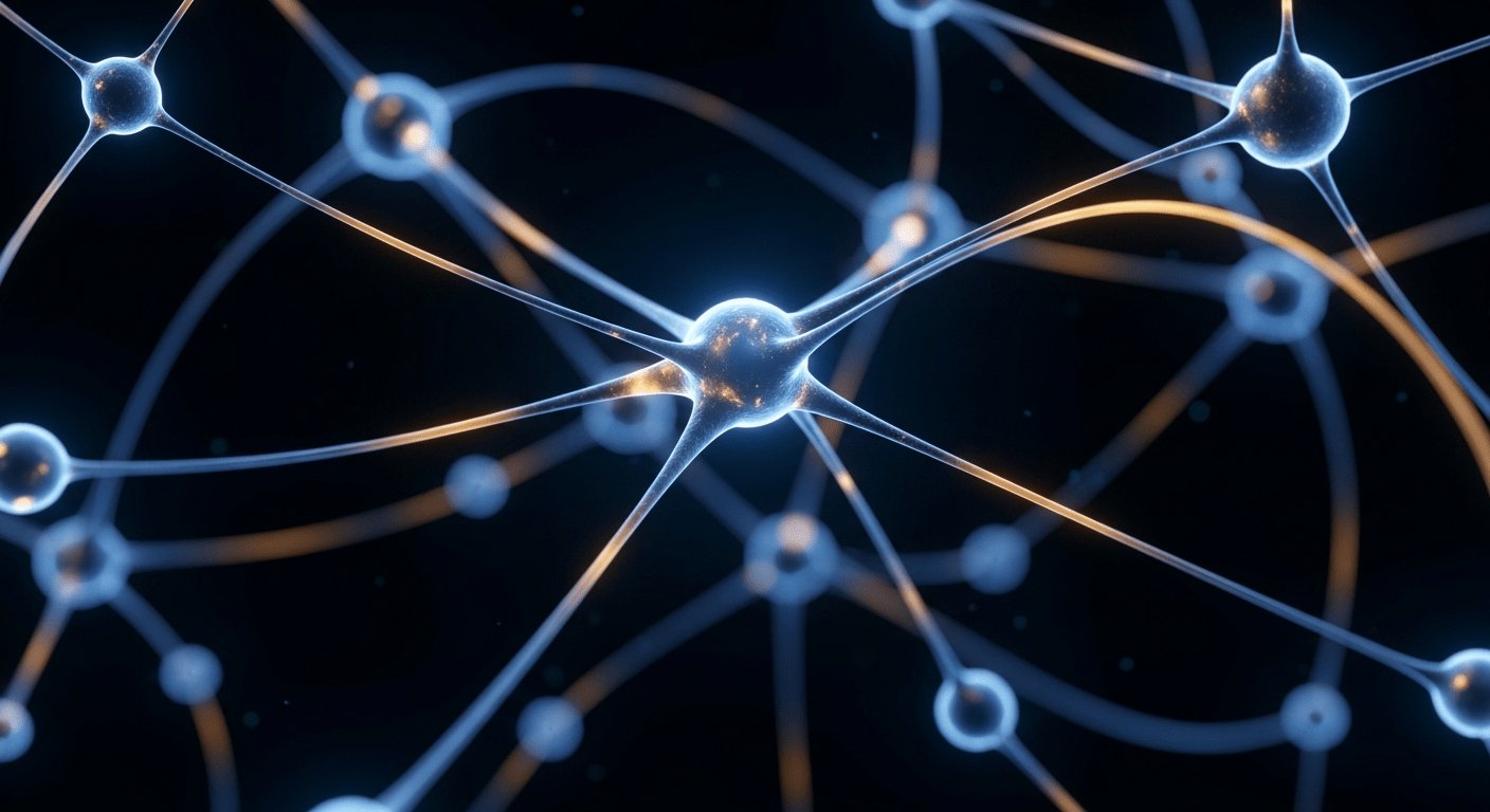 IA générative : visualisation d'un réseau de neurones artificiels avec nœuds lumineux interconnectés en bleu et or