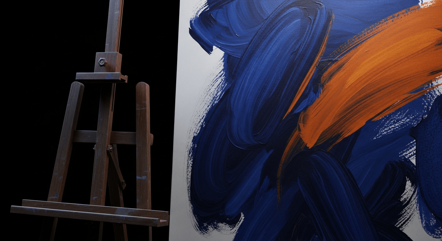 Intelligence artificielle art : toile numérique aux teintes cobalt et ocre générée par algorithme sur chevalet vintage