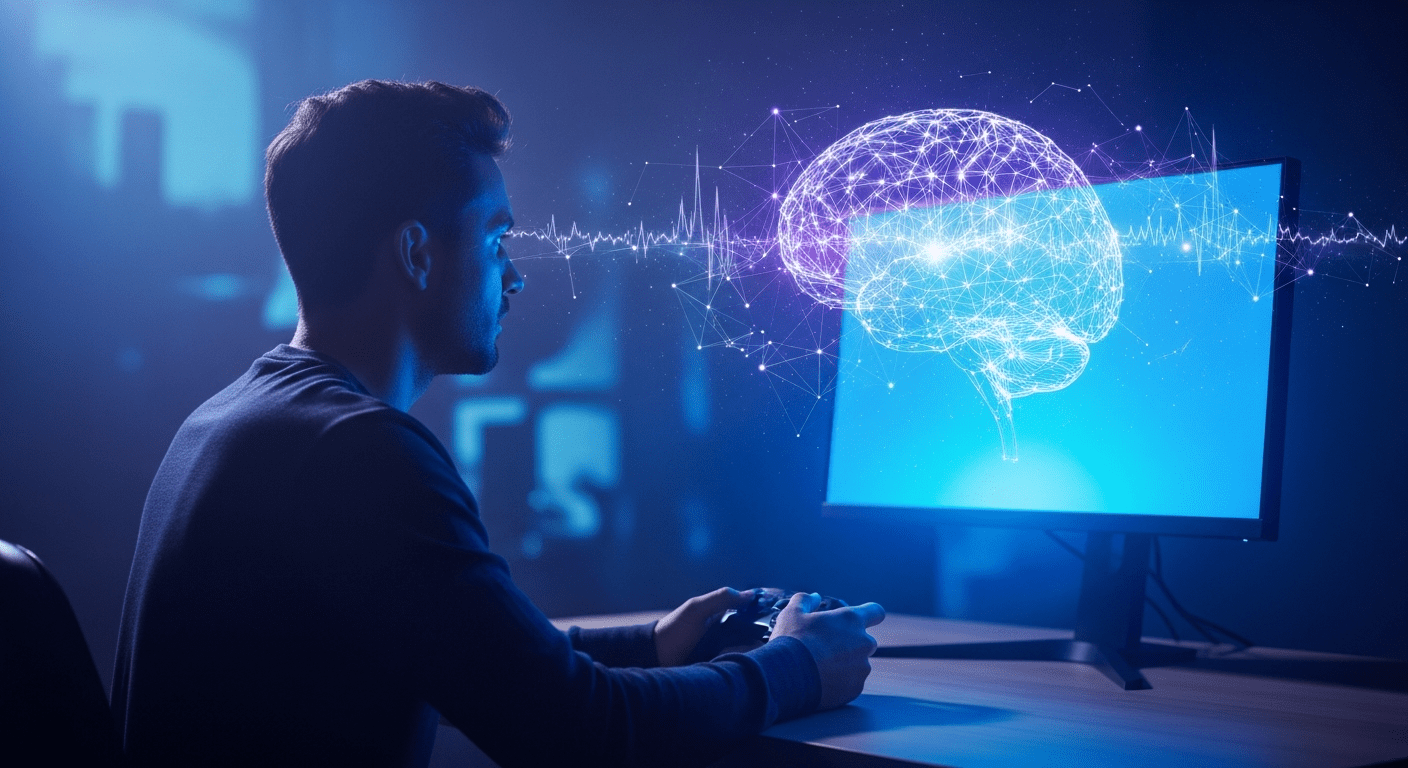 jeux vidéo et cerveau : silhouette de joueur devant un écran, avec une illustration lumineuse de connexions neuronales en surimpression symbolisant l'activité cérébrale