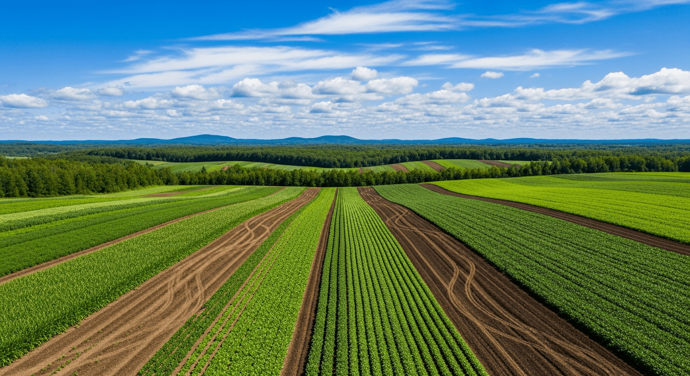 Manger local Québec : vue aérienne d'une ferme agricole québécoise verdoyante illustrant l'agriculture durable et les produits saisonniers