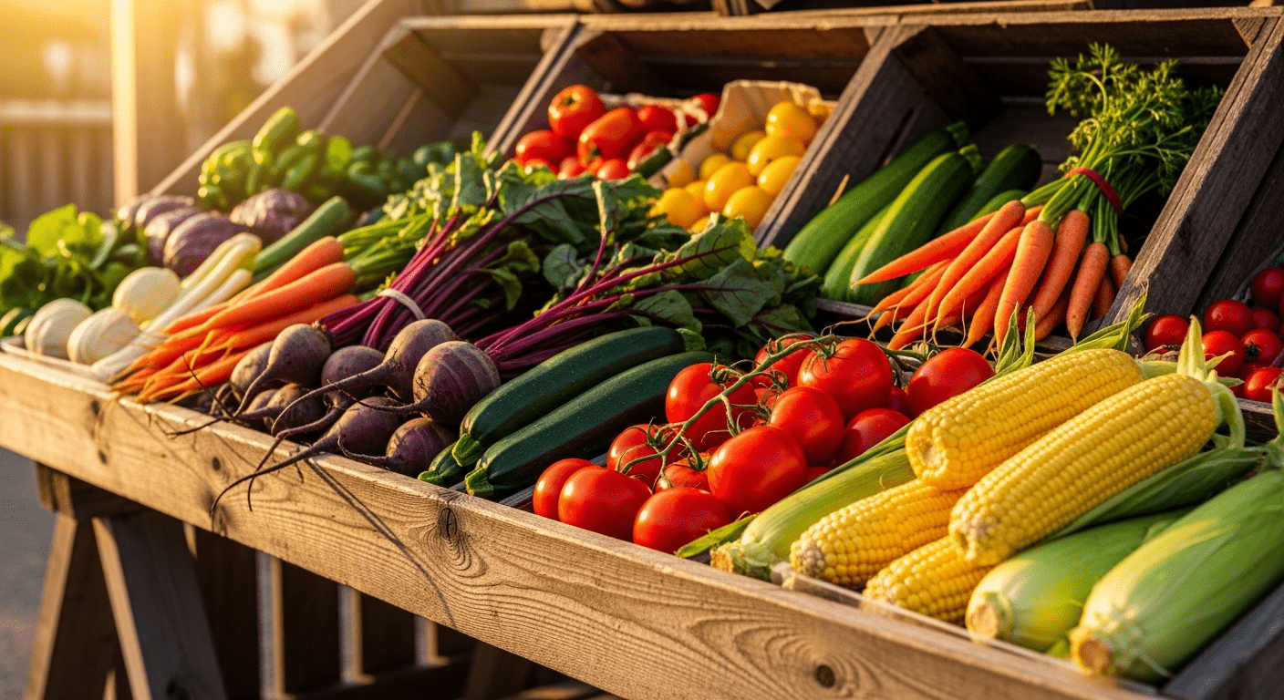 Manger local Québec : étal de marché public débordant de légumes saisonniers colorés et frais du terroir québécois
