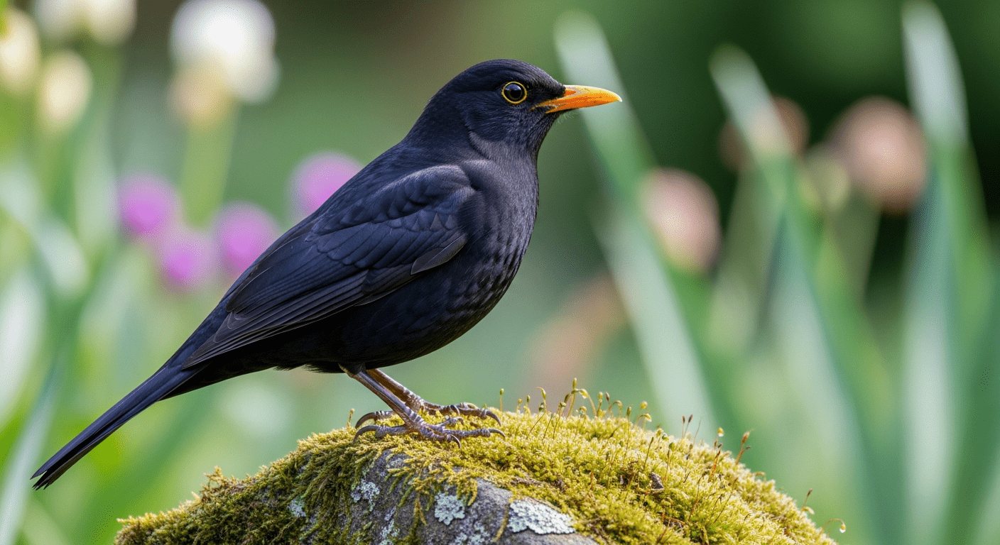 merle noir : mâle adulte au plumage noir et bec orange vif posé sur une pierre mousseuse dans un jardin (98 caractères)