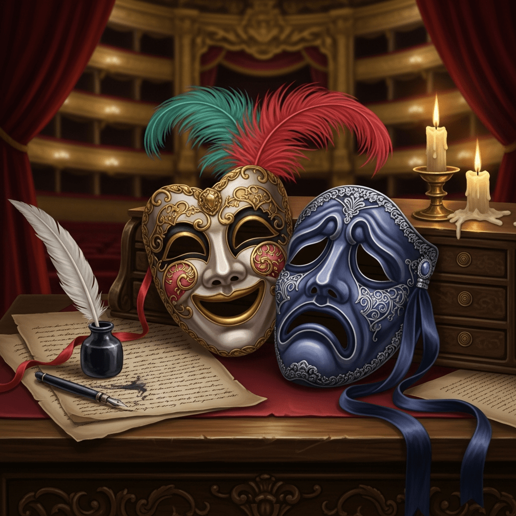Masques de théâtre, manuscrit et plume, symboles de l'œuvre de Molière
