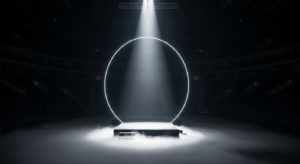 Scène de spectacle vide avec un anneau lumineux et de la fumée au sol