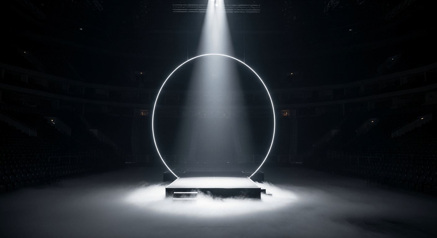 Scène de spectacle vide avec un anneau lumineux et de la fumée au sol