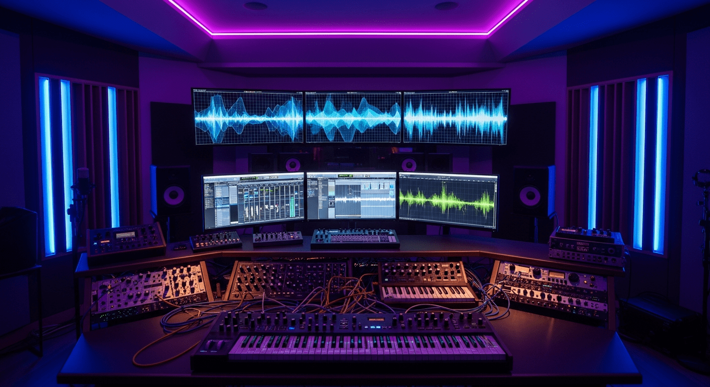 Intelligence artificielle art : studio de création musicale avec claviers synthétiseurs et visualisations d'ondes sonores