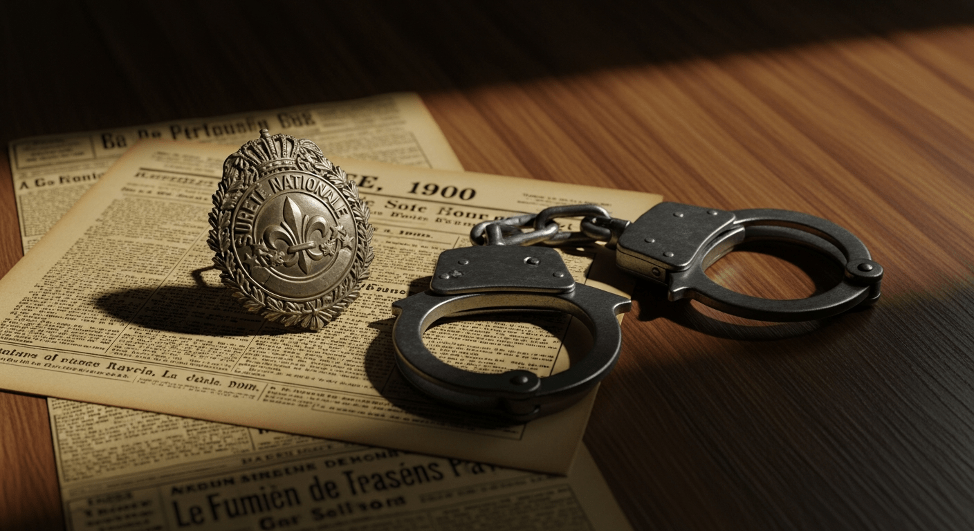 paris police 1900 : insigne de police vintage et menottes sur journaux d'époque de la Belle Époque