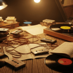 Vinyles, cassettes et partitions de musique sur un bureau en bois, près d'une platine