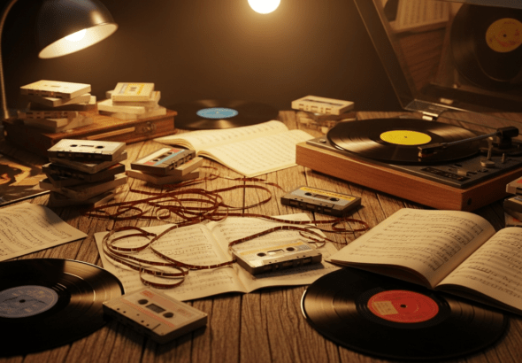 Vinyles, cassettes et partitions de musique sur un bureau en bois, près d'une platine