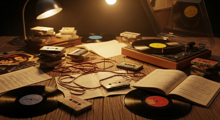Vinyles, cassettes et partitions de musique sur un bureau en bois, près d'une platine