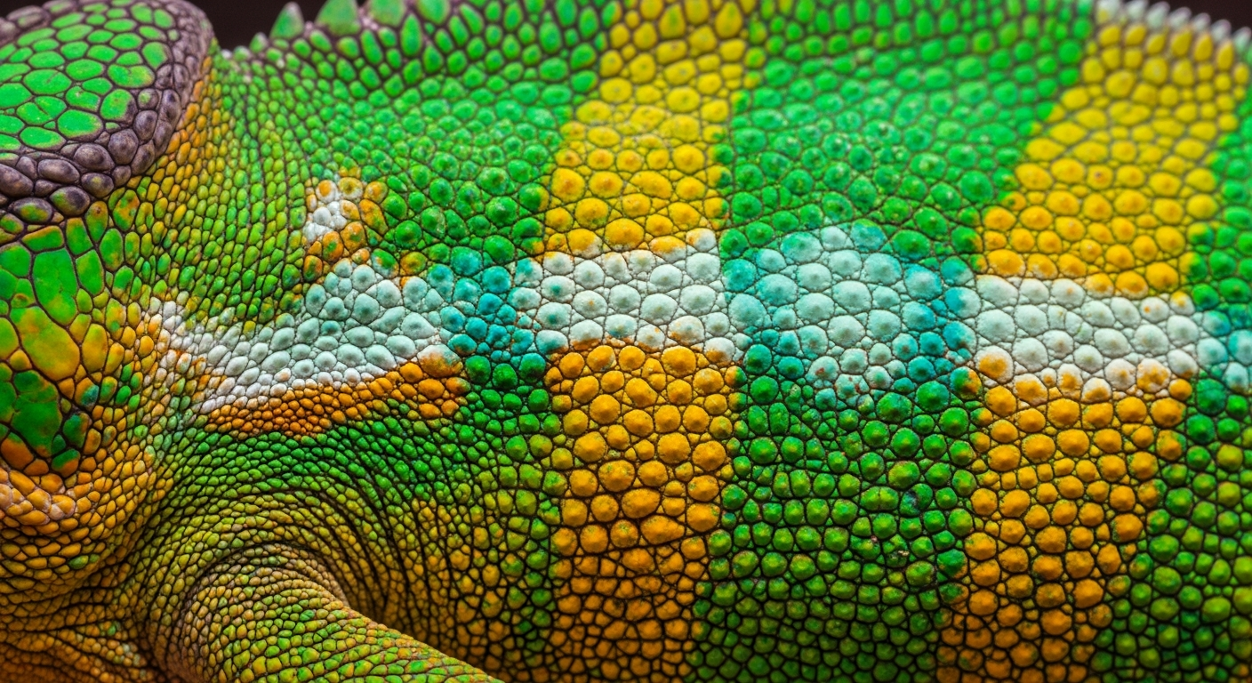 pourquoi les caméléons changent de couleur : gros plan sur les écailles iridescentes d'un caméléon-panthère en transition