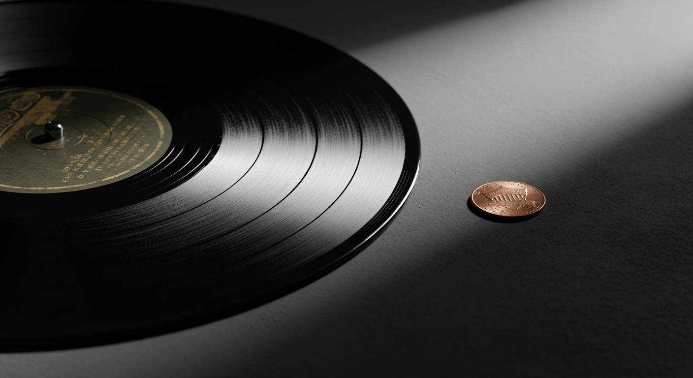 rémunération artiste streaming symbolisée par un disque vinyle et une pièce de monnaie en contraste