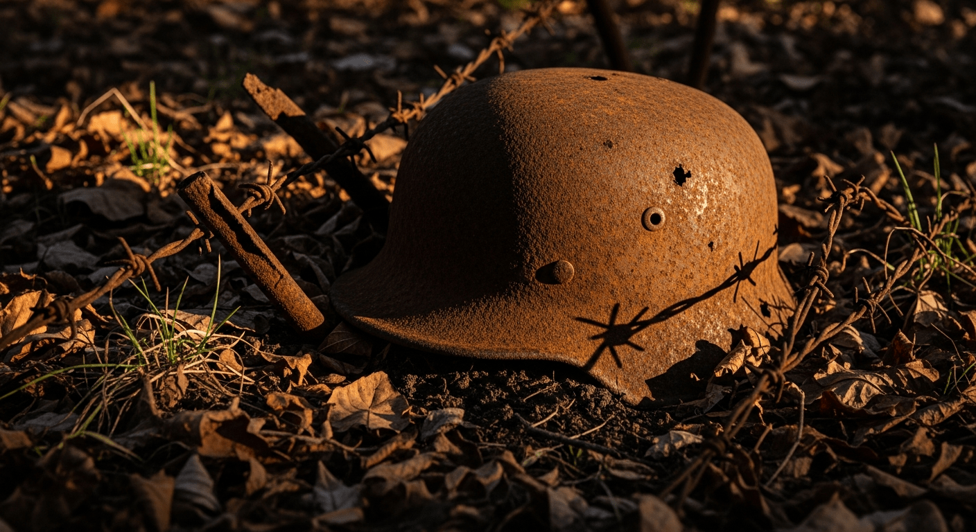 seconde guerre mondiale : casque militaire rouillé abandonné dans la terre, symbole du conflit mondial de 1939-1945