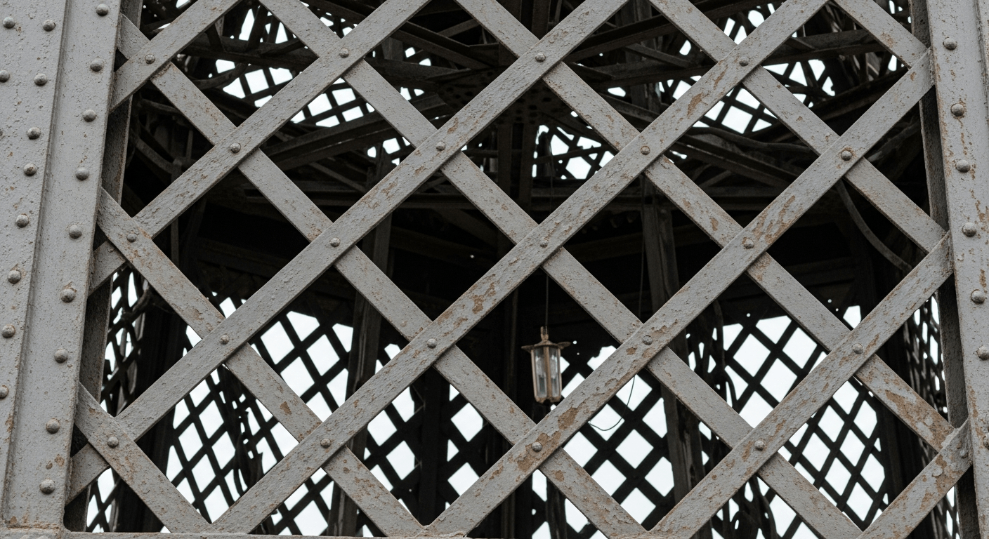 tour eiffel : détail de la charpente en fer puddlé avec rivets et arches métalliques ornementées sous lumière dorée