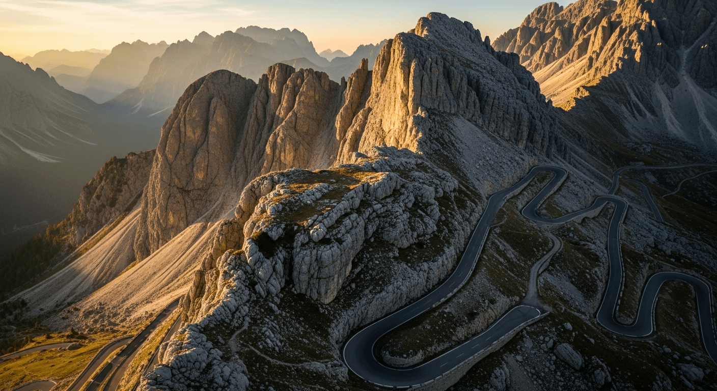 tour d'italie 2026 : route de montagne sinueuse dans les Alpes italiennes sous une lumière dorée spectaculaire