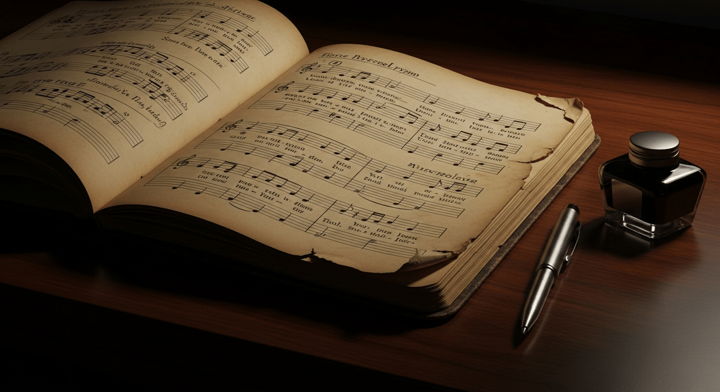 vrai sens chanson : carnet de paroles manuscrites avec notes de musique sur un bureau sombre, lumière dramatique