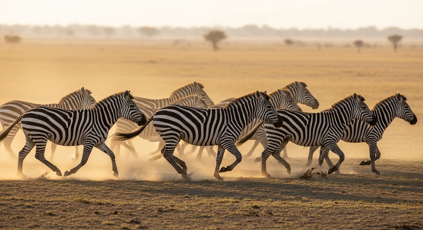 zèbre rayures utilité : troupeau en mouvement dans la savane africaine au coucher du soleil