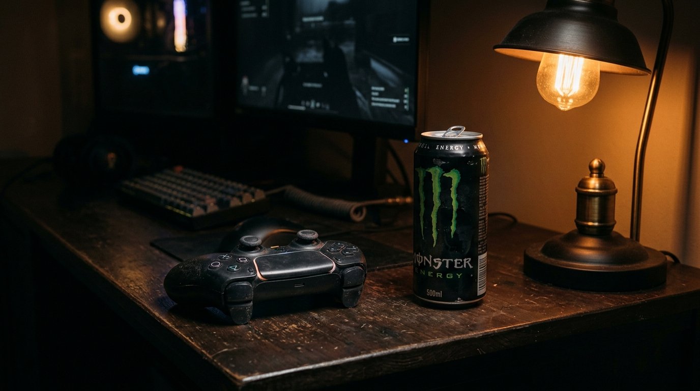 addiction jeux vidéo : manette de jeu posée près d'une canette vide, symbole des sessions nocturnes décrites par l'OMS en 2018