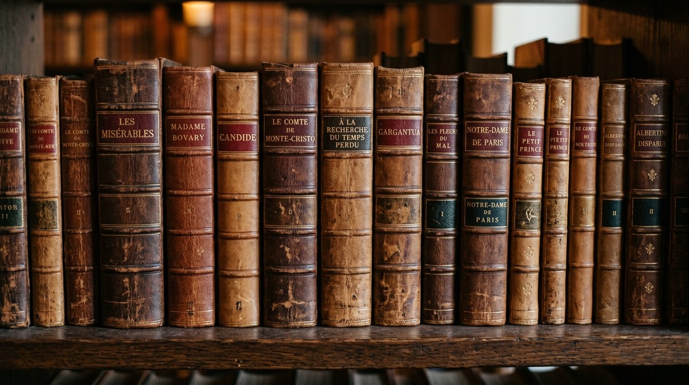 Auteurs français célèbres : rangée de romans classiques reliés cuir, de Hugo à Proust, littérature française classique