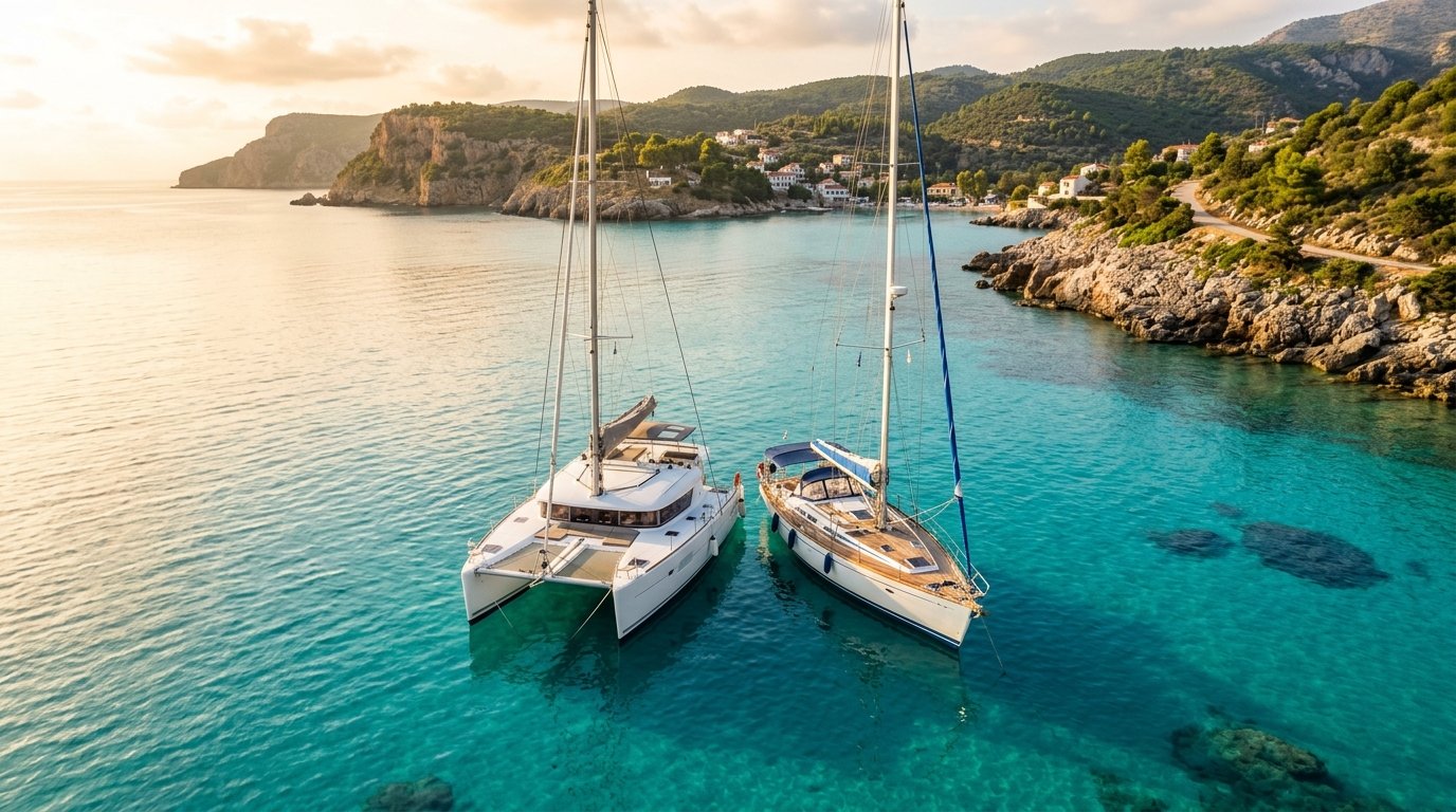 Catamaran ou monocoque débutant : vue comparative des deux coques sur l'eau en Méditerranée, tirant d'eau et largeur contrastés