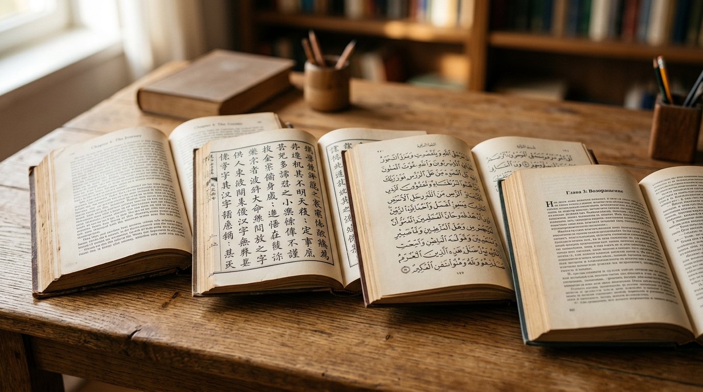 Langue la plus difficile à apprendre : livres ouverts montrant les écritures latine, arabe, cyrillique et chinoise comparées