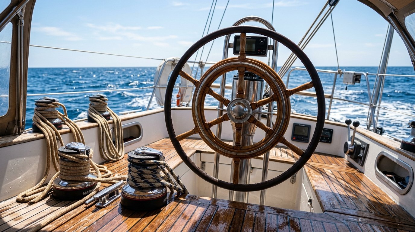 Location catamaran débutant : cockpit arrière d'un voilier de 40 pieds avec barre à roue et winches caractéristiques d'une semaine de croisière