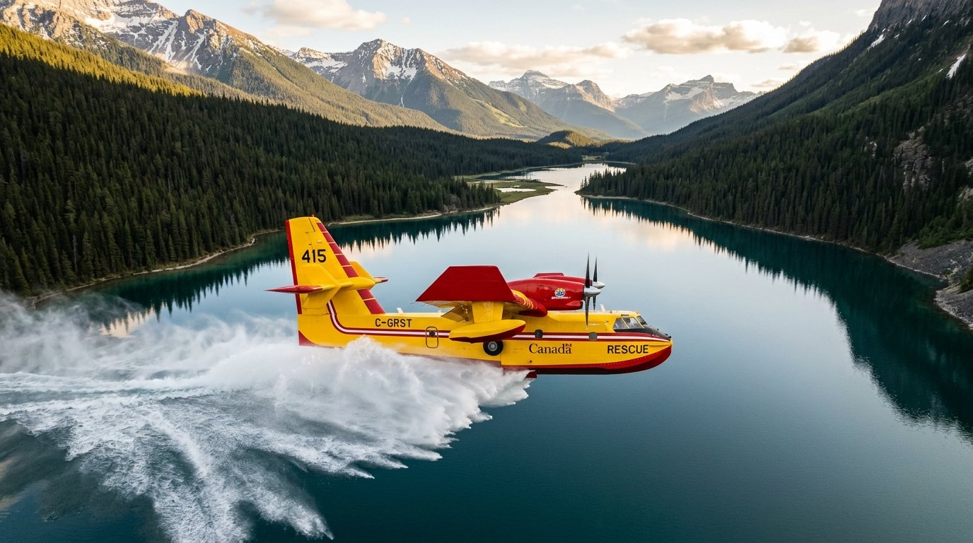 Canadair CL-415 en phase d'écopage sur un lac, remplissant 6 137 litres en 12 secondes à 130 km/h