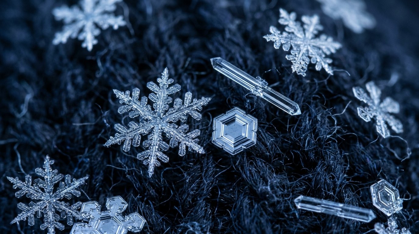 Cristallisation neige : variété de morphologies à -5 °C aiguilles et à -14 °C étoiles dendritiques visibles en détail