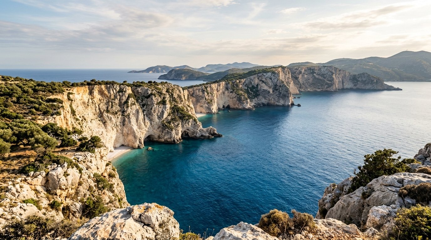 meilleures destinations voile en Méditerranée : falaises des îles Ioniennes en Grèce, vents thermiques réguliers l'après-midi