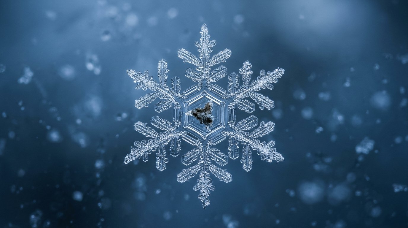 Formation flocon neige : cristal hexagonal se développant autour d'un aérosol, six branches symétriques en croissance