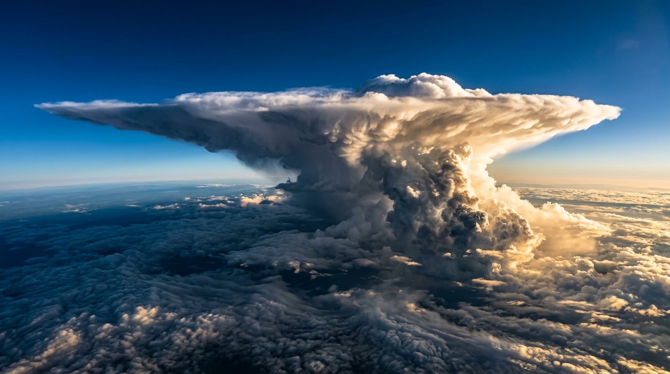 Trou d'air : cellule de cumulonimbus vue depuis la croisière, source de turbulences sévères classée niveau 3 sur l'échelle aéronautique